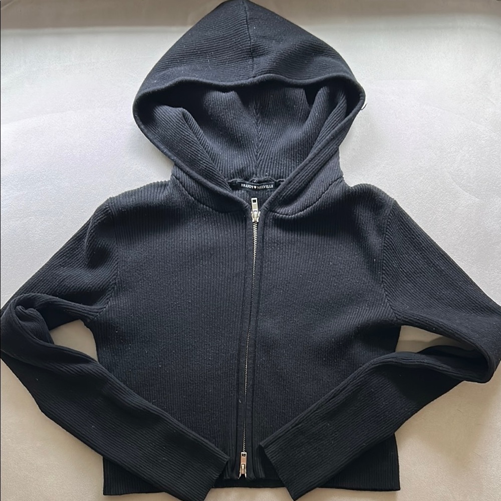 Brandy Melville Black Ribbed Cropped Hoodie with Double Zip